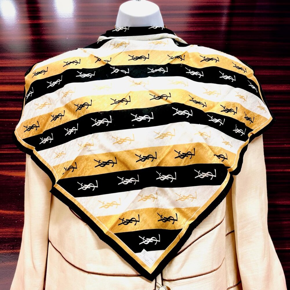 New Tag On  Yves Saint Laurent  Cotton & Silk 21.5"Gold White Black stripe (64